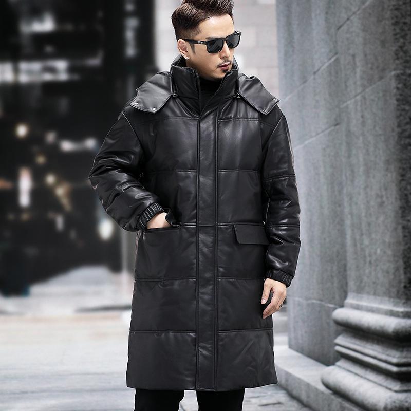 

Зимняя кожаная куртка-пуховик, первый слой овчины, тренчкот, теплая длинная кожаная куртка с капюшоном для мужчин 4XL