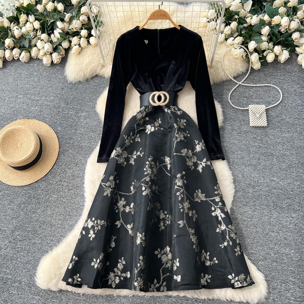 Robe de Luxe en Velours Style Français Col V Manches Longues Ceintures Épissure Jacquard Automne Femmes Imprimé Floral Fête Robe Maxi