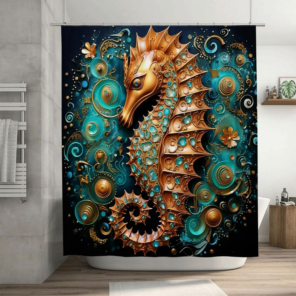 Decorative Sea Horse Bath Shower Curtain Waterproof Fabric For Bathroom Decor Gold Blue Color, Size 180X240Cm  Sho