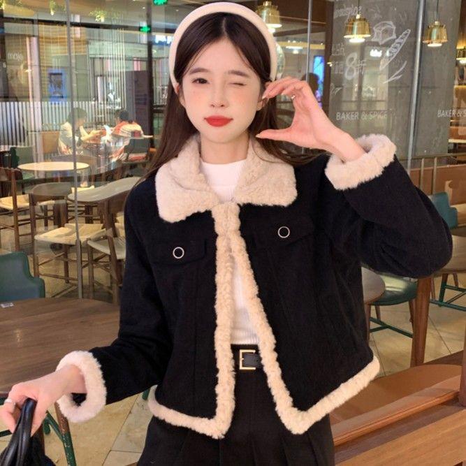 French Chic Long-Sleeved Cropped Women s Jacket - Winter Casual Slimming Warm Top 2XL