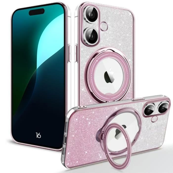 Coque de protection - Silicone - iPhone 16 - Antichoc - Support magnétique rotatif - Rose