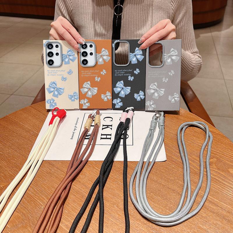 Bowknot Print Leather Texture Slim Matte Case For Samsung S25 Ultra S24 FE S23 A16 A56 A55 A36 A15 A35 Lanyard Rope Shockproof TPU Soft Phone Cover