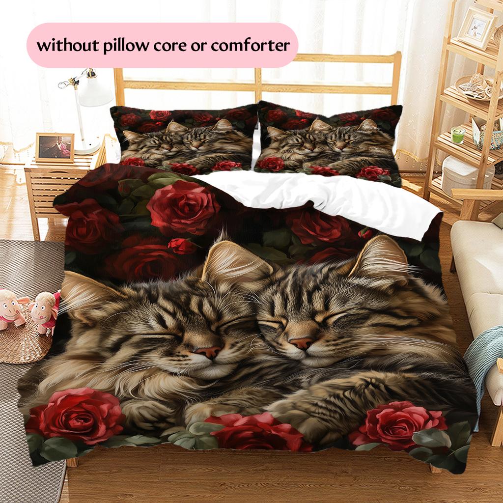 Maine Coon and Rose Pattern Bedding Home Decoration Birthday Gift (1 * duvet cover + 2 * pillowcase, without core)