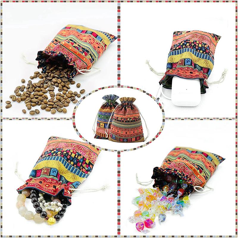 5Pcs Bohemian Cotton Jewelry Bag Ethnic Gift Stripe Tribal Tribe Drawstring Bags Xmas Jewelry Pouches Party Bag