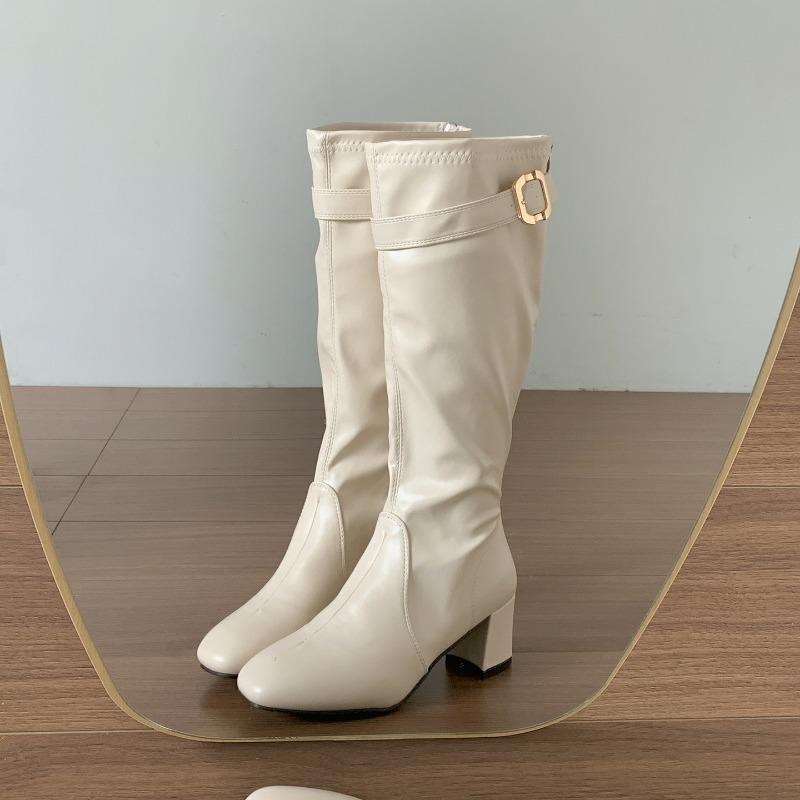 Luxury Women Boots Fashion Square Toe Thick Heel Long Booties Belt Buckle Design Boots Stretch Slim Boots Quality Leather Botas