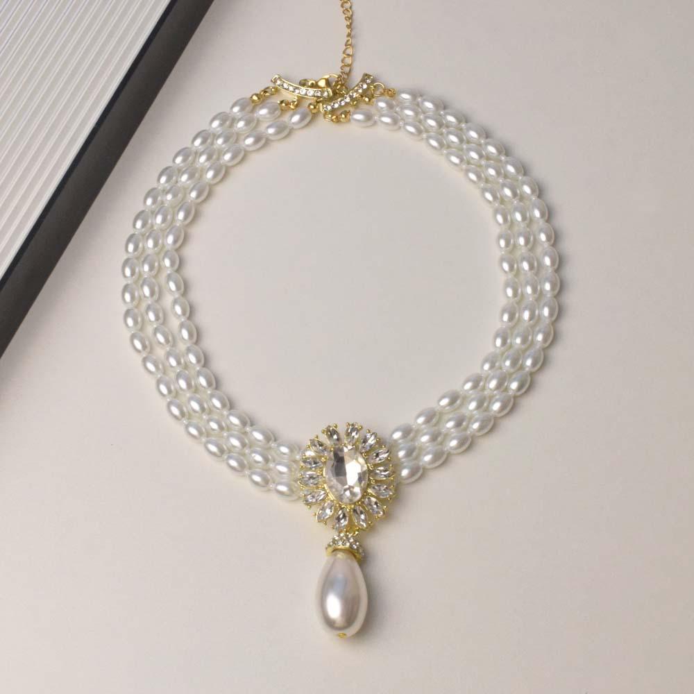 Franskt Vintage Pärlhalsband & Örhängesset med Diamantaccenter