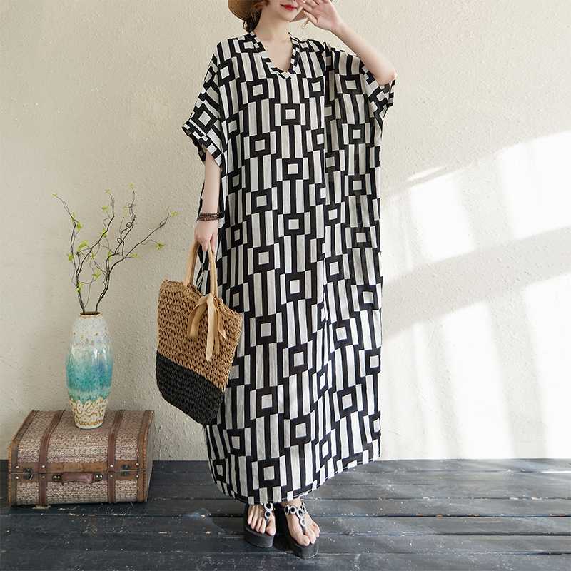 Sommarfärg Rese V-ringad Retro Lång Kjol Bomull Linne Klänning
