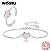 WOSTU 925 Sterling Silver Natural Pink Shell Love Heart Bracelet Ring Valentine Jewelry Set For Women Handmade Matching Links