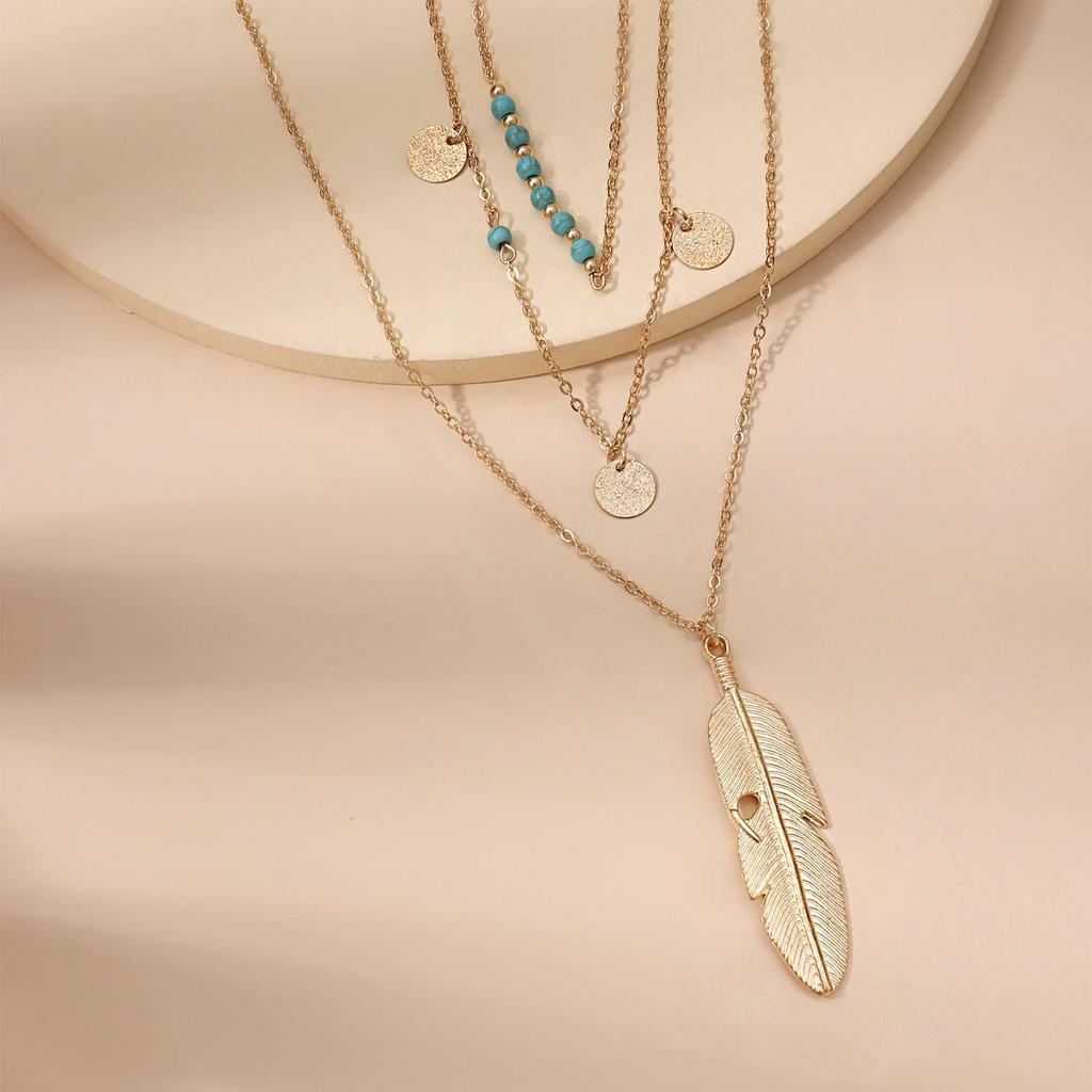 Feather Turquoise Bead Sequined Multi-layer Necklace