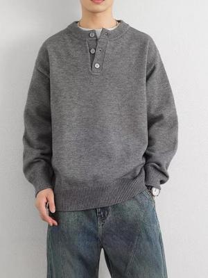 Men's American Retro Henley Collar Sweater: Autumn/Winter Clean Fit, High-End Feel, Solid Color Base Layer Knitwear