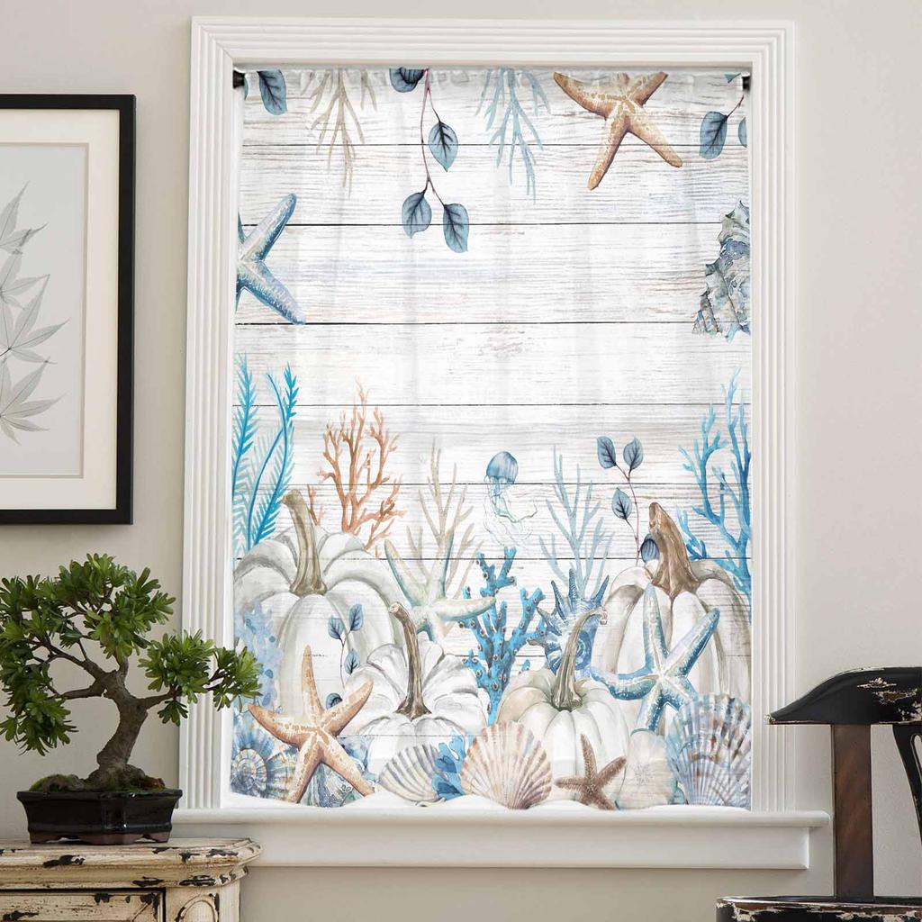 Thanksgiving Pumpkin Starfish Shell Coral Wood Sheer Curtains for Kids Bedroom Living Room Voile Window Curtains Tulle Drapes