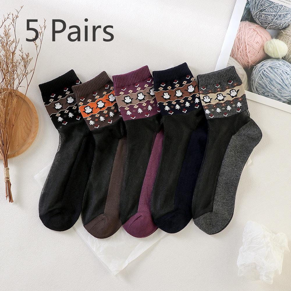 5 Pairs of Ultra-thin Socks with Cotton Soles and Silk Surfaces. The Cuffs Are Loose in Winter To Prevent Fraying. Cartoon Design.