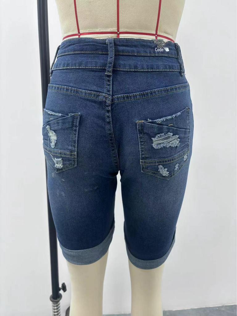 Women's Mid-Length Elastic Denim Shorts - Double-Button Washed Jeans, European & American Style Fashion.