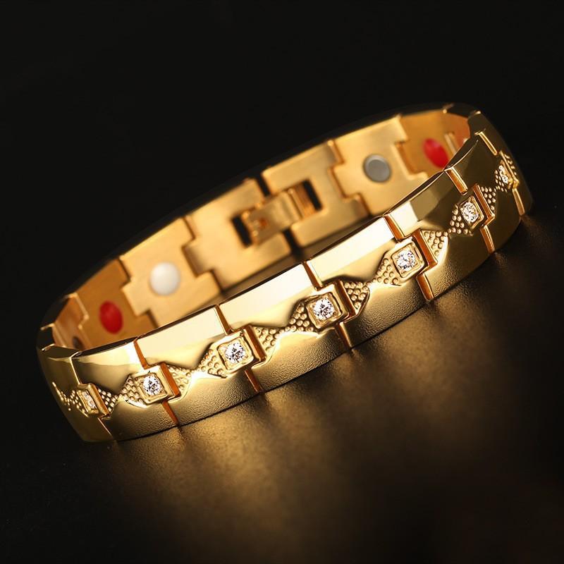 Mens Minimalist Geometric Titanium Steel Bracelet With CZ Stones Adjustable 18K Gold Vacuum Plated Business Gift