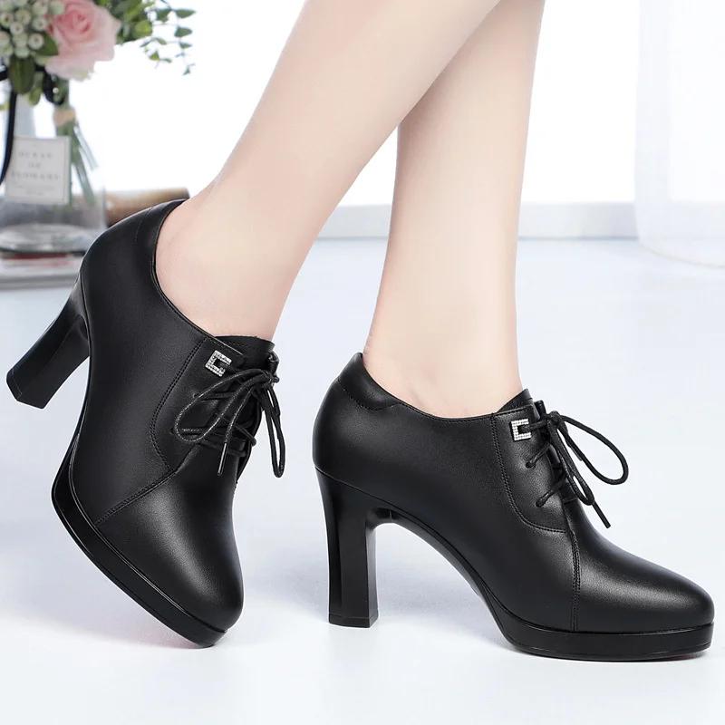 Fashion Women Thick Heel Fashion High Quality Short Ankle Soft Leather Boots Classic Brown Lace-up Spring Autumn High Heel Boots