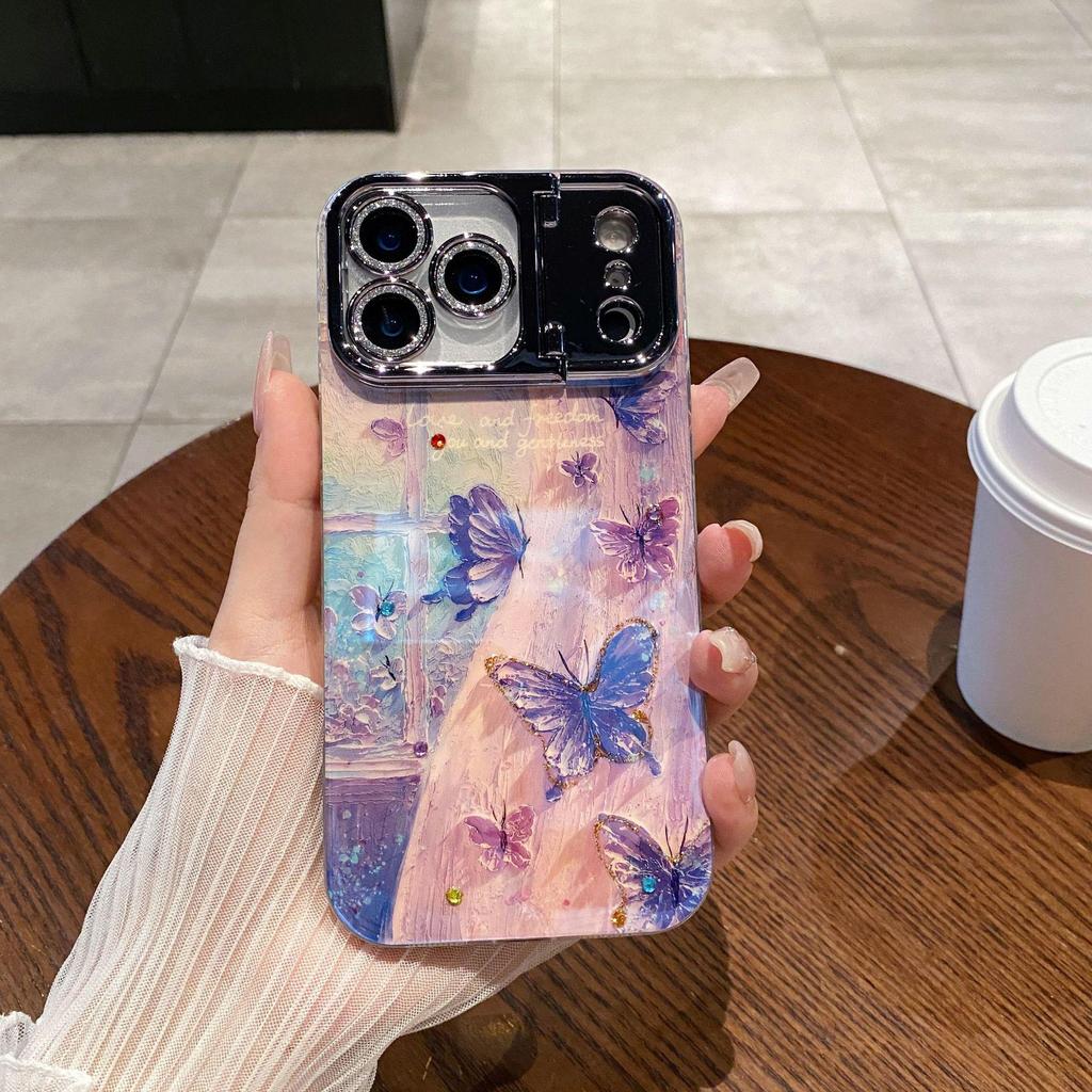 Schmetterling Ölmalerei iPhone 17 Pro Max Ständer Hülle - Vollständige Abdeckung für 16 Pro, 15, Design für Frauen
