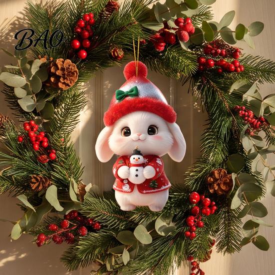 Festive Bunny Hanging Decor Christmas Wooden Ornament, 2D Flat Rabbit with Santa Cute Animal Tree Ornaments Hat, Holiday Pendant for Wreath Door, Home