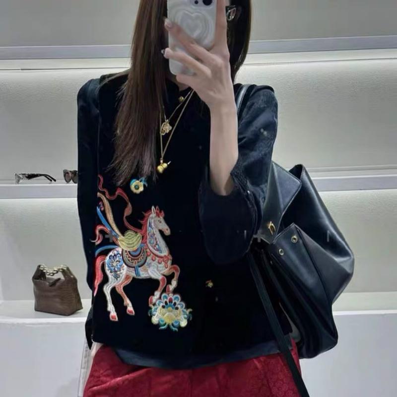 New Spring Silk Velvet Vest with Embroidery and Stand Collar - Women's Chinese National Style