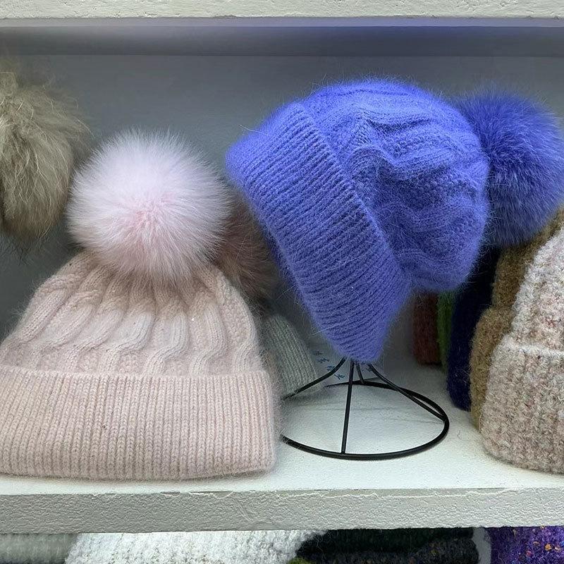 Autumn and winter new fashion rabbit fur ball warm knitted hat outdoor travel sweet versatile ear protector wool hat