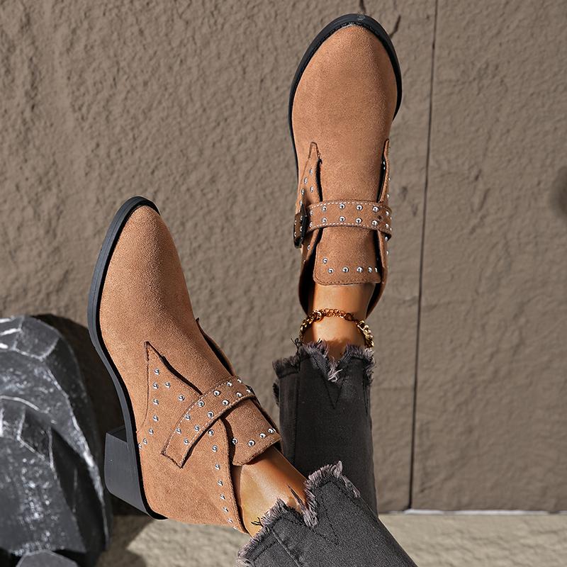 Retro Rivets Pointed Toe Western Boots Women Fashion Buckle Thick Heel Ankle Boots Woman Plus Size Faux Suede Cowboy Botas Mujer