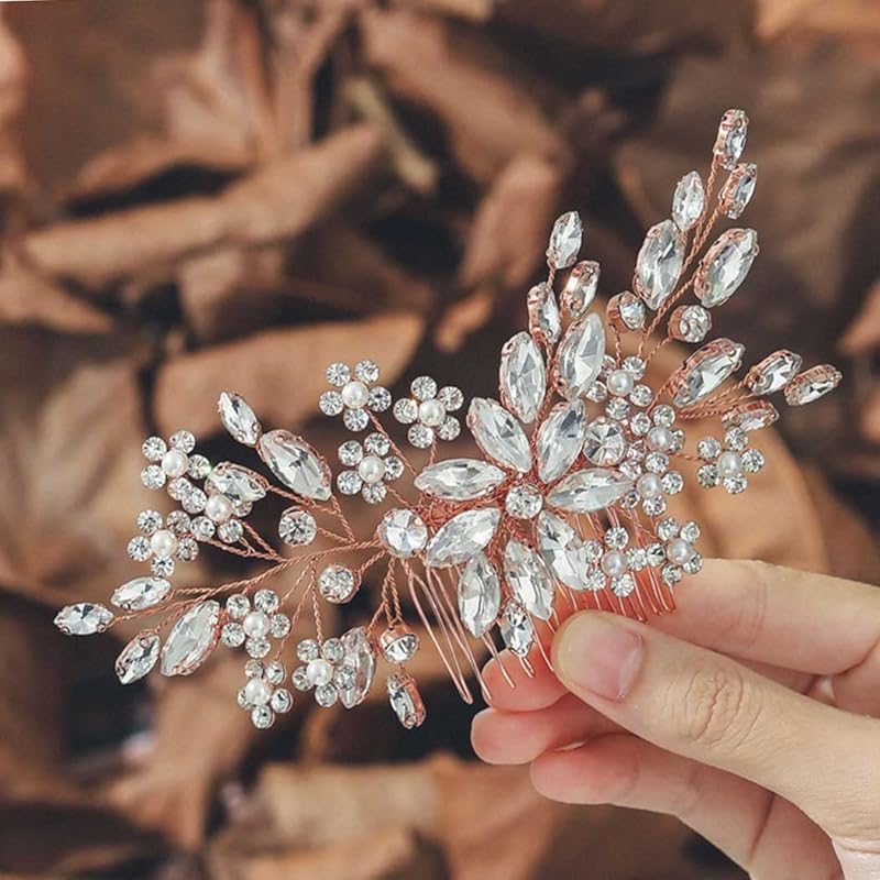 Unsutuo Crystal Bride Wedding Hair Comb Silver Rhinestone Flower Bridal Hair Pieces Pearl Wedding Hair Accessories for Women and Girls… (Silver)