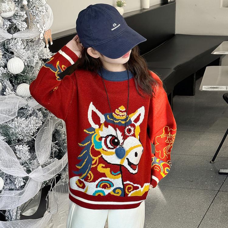 Girls' Red Horse Year Sweater, Winter 2026 Zodiac Style, Thickened for Big Kids - Perfect for New Year Visits