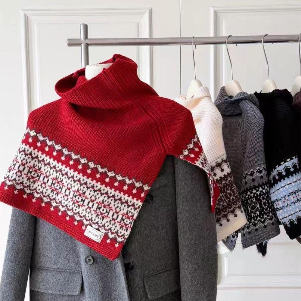Pullover Fair Isle Style Knitted Shawl Thicken Neck Wraps Simple Jacquard Scarf  Women