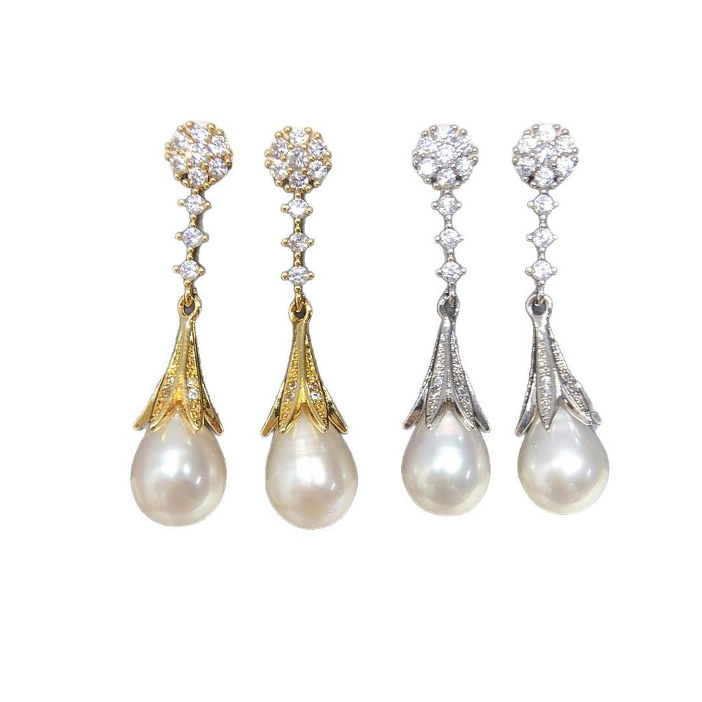 New Natural Freshwater Pearl Stud Earrings Women's Retro Court Style Slightly Inlaid Zircon Water Drop-shaped Pearl Earrings