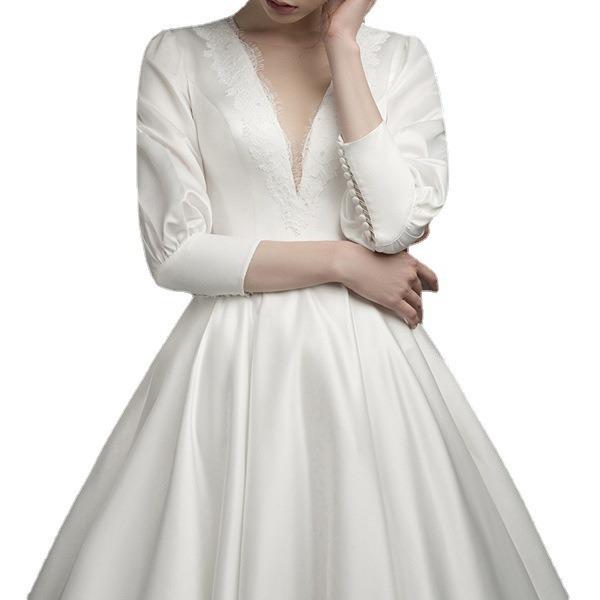 Abito da sposa leggero francese temperamento da sposa semplice retrò sottile raso vestito a porta manica lunga scollo a V abito principale da sposa