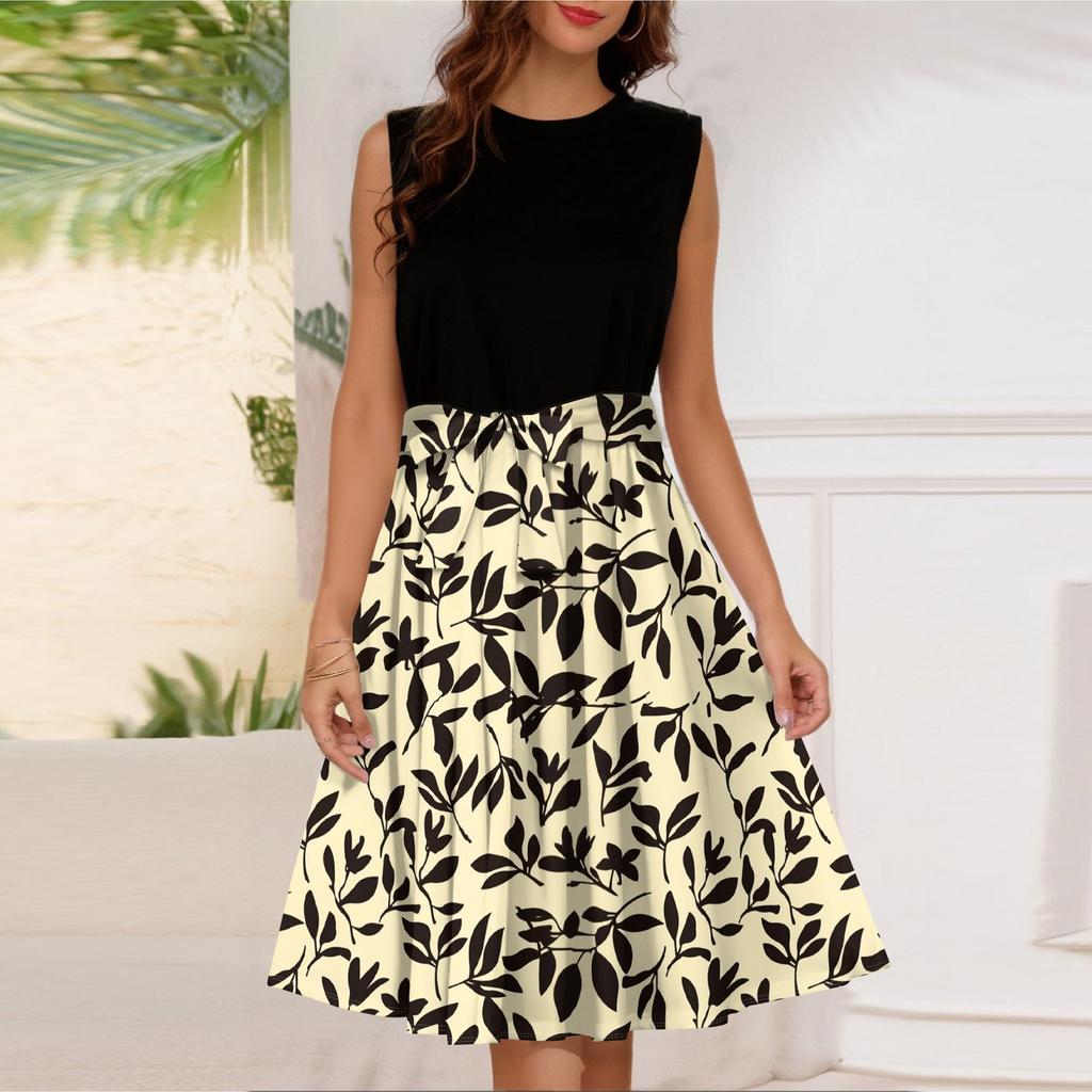 Women's Fashion Casual Lace-up Sleeveless Round Neck Splicing Short Dress