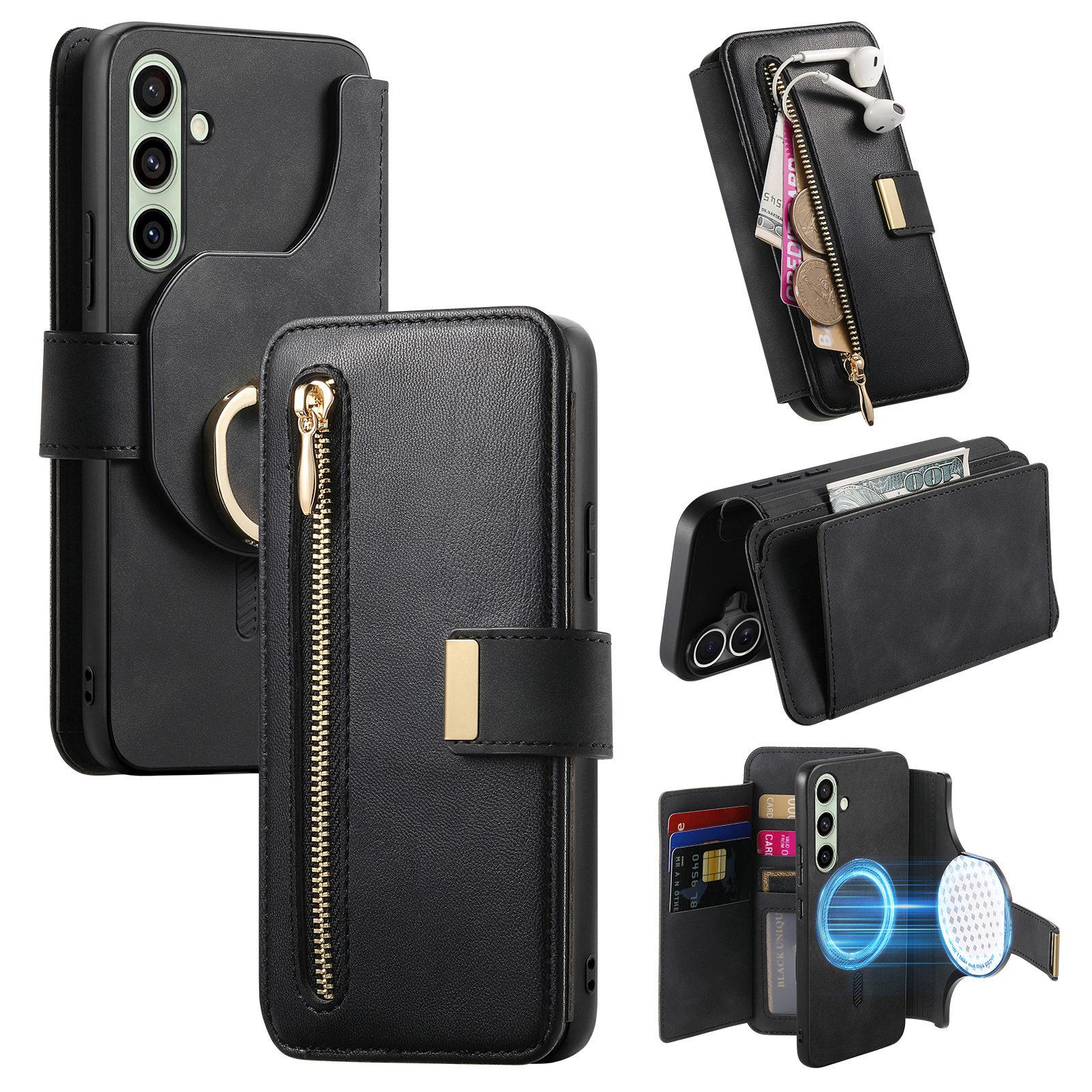 

For Samsung Galaxy S23 FE Magnetic Leather Case with Detachable RFID Blocking Zipper Wallet Cover Black