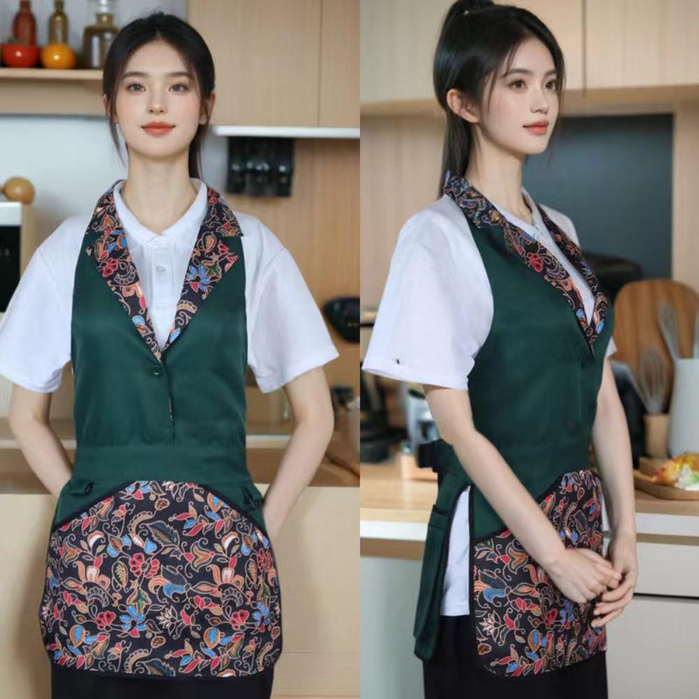 Multi-functional Polyester Work Apron Waterproof Ethnic Style Suit Collar Apron Vintage Button Design Dining Apron Kitchen
