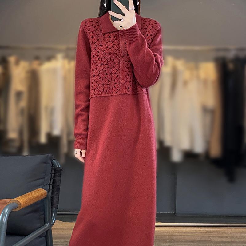 Floral Patchwork Crochet Shirt Collar Australian Wool Retro Long Skirt for Women - 2026 New Style.