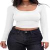 Womens Square Neck Ribbed Knit Long Sleeve Crop Top Casual Solid Color Fitted Blouse