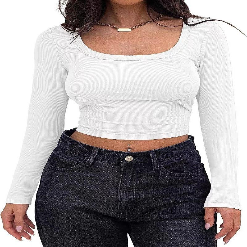 Womens Square Neck Ribbed Knit Long Sleeve Crop Top Casual Solid Color Fitted Blouse