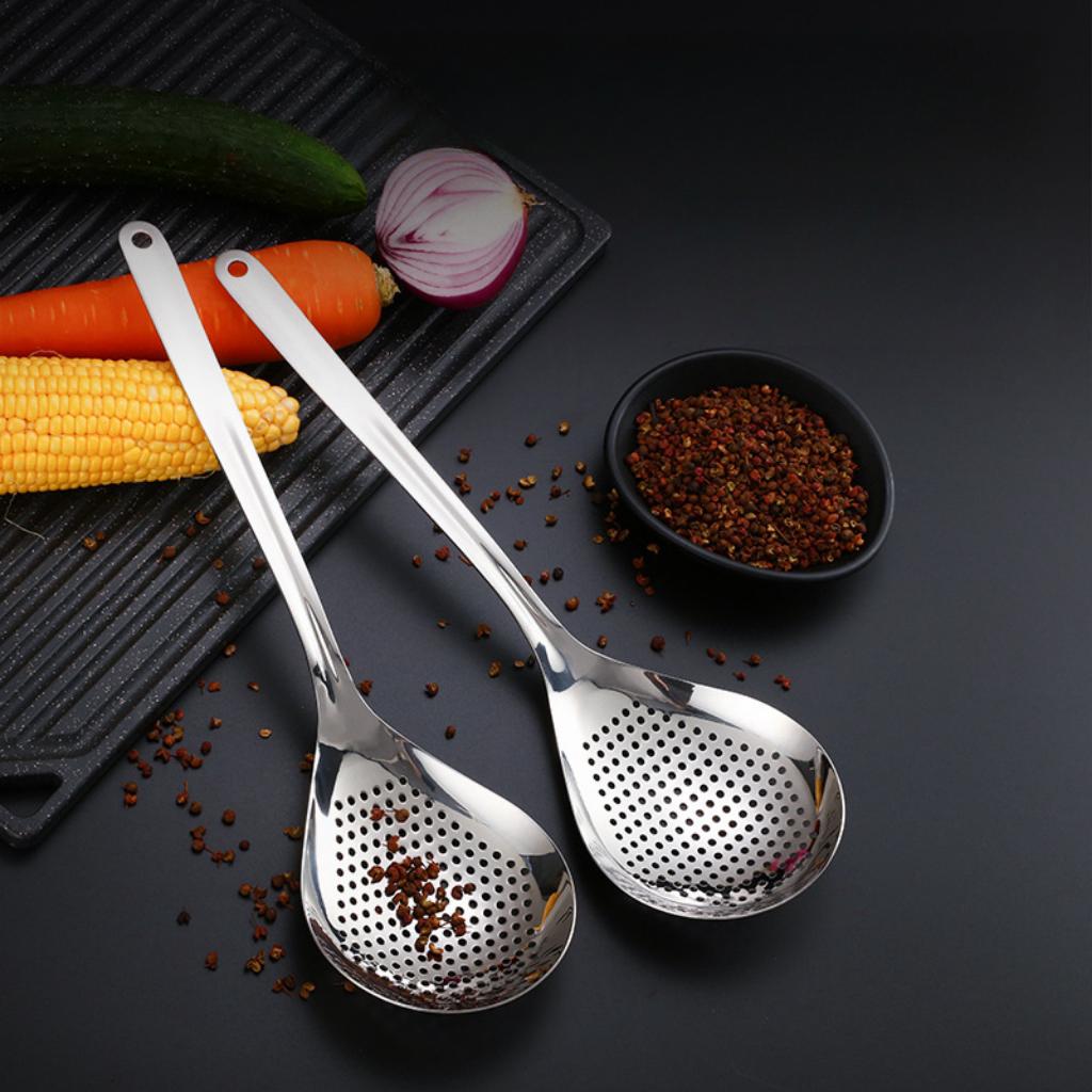 Stainless Steel Large Kitchenware Household Pasta Dumplings Ladle with Hollow Long Handle Pepper Colander Metal Leak Proof