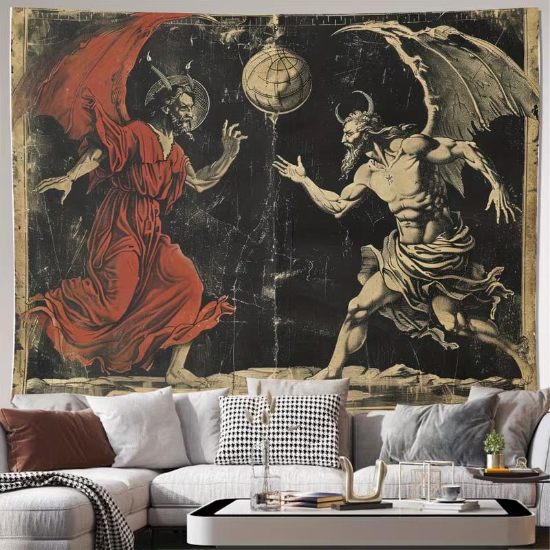 2D Vintage Devil Angel Battle Tapestry Medieval Dark Occult Wall Hanging 47.2x31.5inch/120*80cm