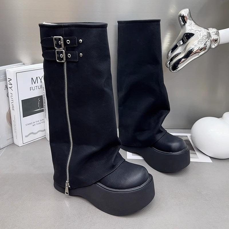 Chunky Heel Platform Western Boots Fashion Tall Knight Boots Woman Belt Buckle Side Zip Motorcycle Boots Casual Women Shoes