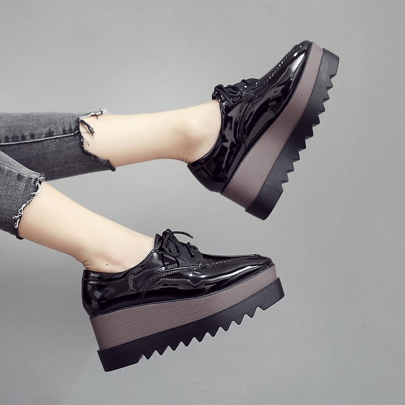 Platform Muffin Shoes Women's Deep Mouth Square Head Lace-up High Heels Wedge Heels Single Shoes British Style HZB-763-28