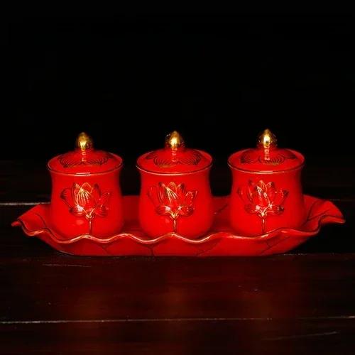 Chinese ceramic Guanyin water supply cup, three supply cups, Buddha cup offering ornaments feng shui  Buddhism