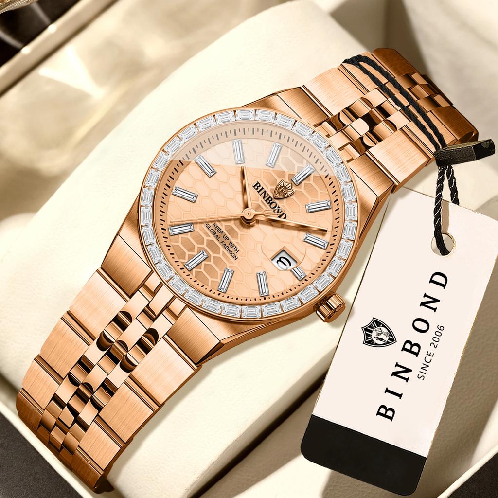 BINBOND new 7272 fashionable women's quartz watch timing waterproof night light dual calendar women's stainless steel watch