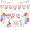 Unicorn Pink Party Set: Paper Plates, Napkins, Utensils, and Tablecloth for Children's Birthday.