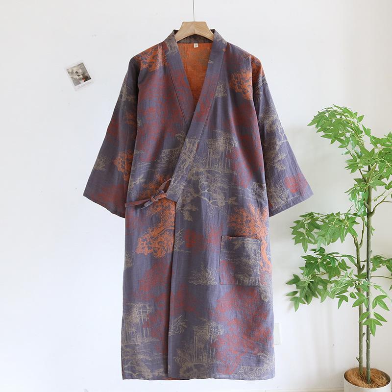 Men's Pure Cotton Jacquard Kimono Robe - Loose Fit, Plus Size, Ideal for Spring to Autumn Sleepwear and Sauna.
