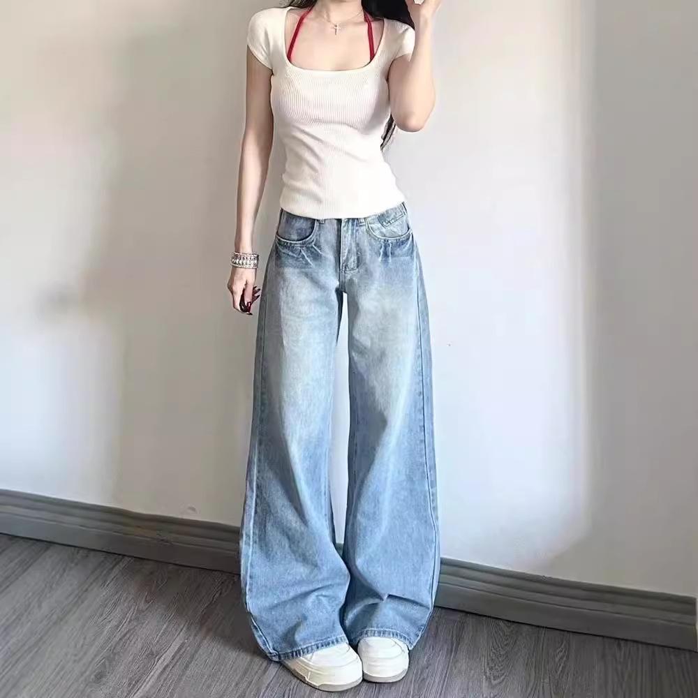 Dámské džíny širokých nohavic slim střihu: Nové americké volné rovné nohavice ke kotníkům pro jaro a podzim