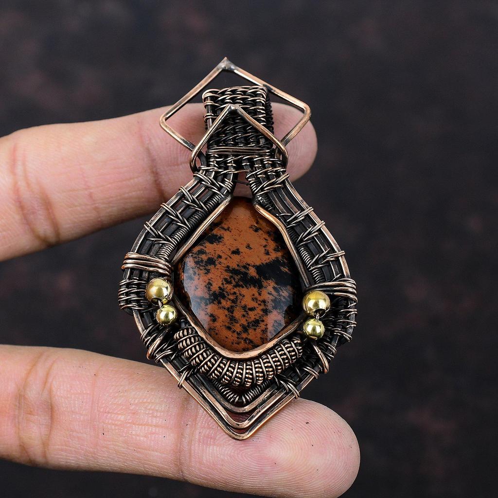 Mahogany Obsidian Pendant Copper Wire Wrapped Pendant Gemstone - Main Image
