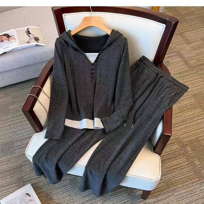 2023 Autumn Women s Patchwork Hooded Top & Wide-Leg Pants Set XL темно-серого