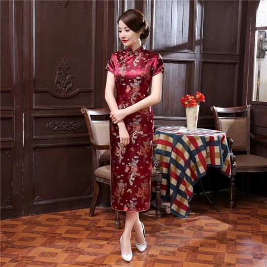 Ethnic Vintage Women Chinese Dragon Phoenix Embroidery Long Slim Cheongsam Dress