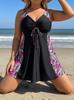 European & American Plus Size Floral & Leopard Print Two-Piece Swimsuit with Tankini Top & Skirt for Women