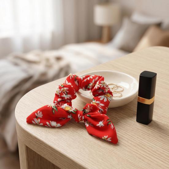 Hair Tie Floral Print Rabbit Ear Decor Hair Rope High Elasticity Bun Half-Tied Hairstyles Ponytail Holder Hair Accessory
