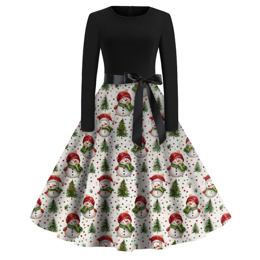 Damenmode Rundhals Lässig Slim Fit Weihnachtsdruck Weit schwingendes Langarmkleid